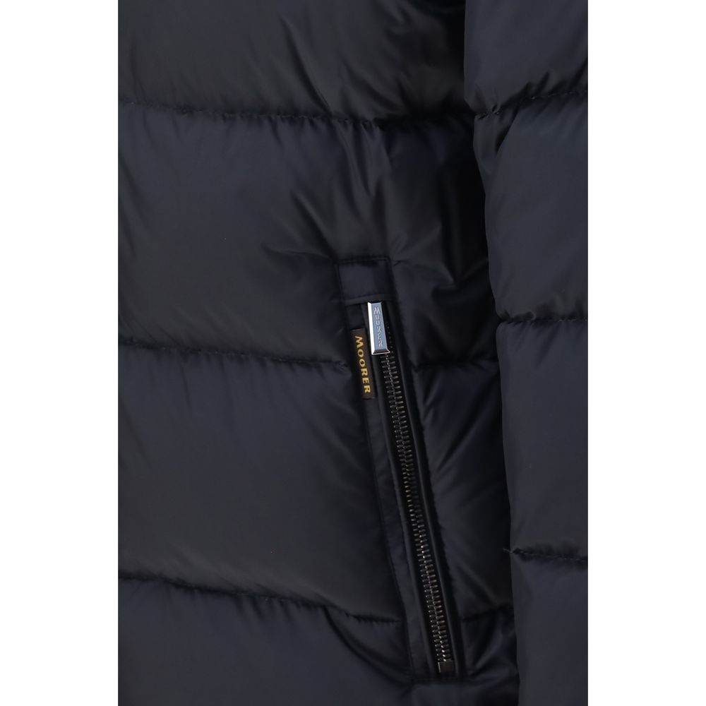 Indulge in the elegance of the MooRER Blue Polyamide Full-Length Jacket, crafted from luxurious goose down and designed for the discerning individual who values sophistication and warmth.