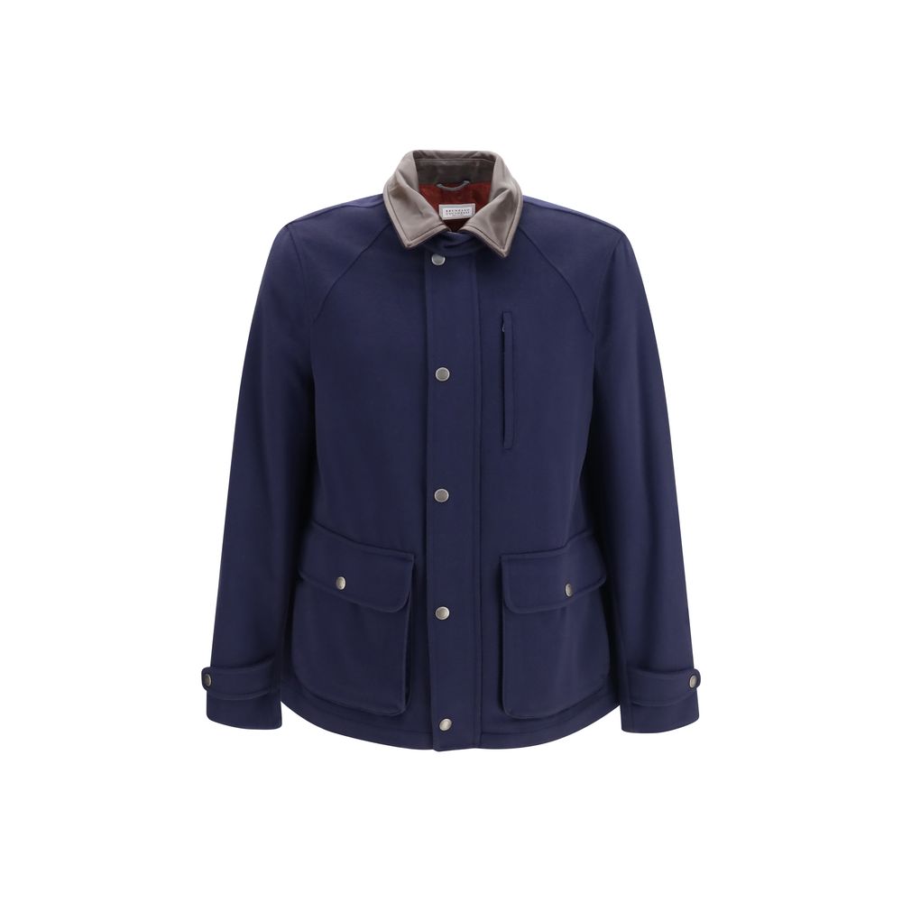 Indulge in the exquisite Brunello Cucinelli Blue Wool Oves Aries Full-Length Jacket, a masterful blend of virgin wool and nappa details, epitomizing luxury and sophistication.