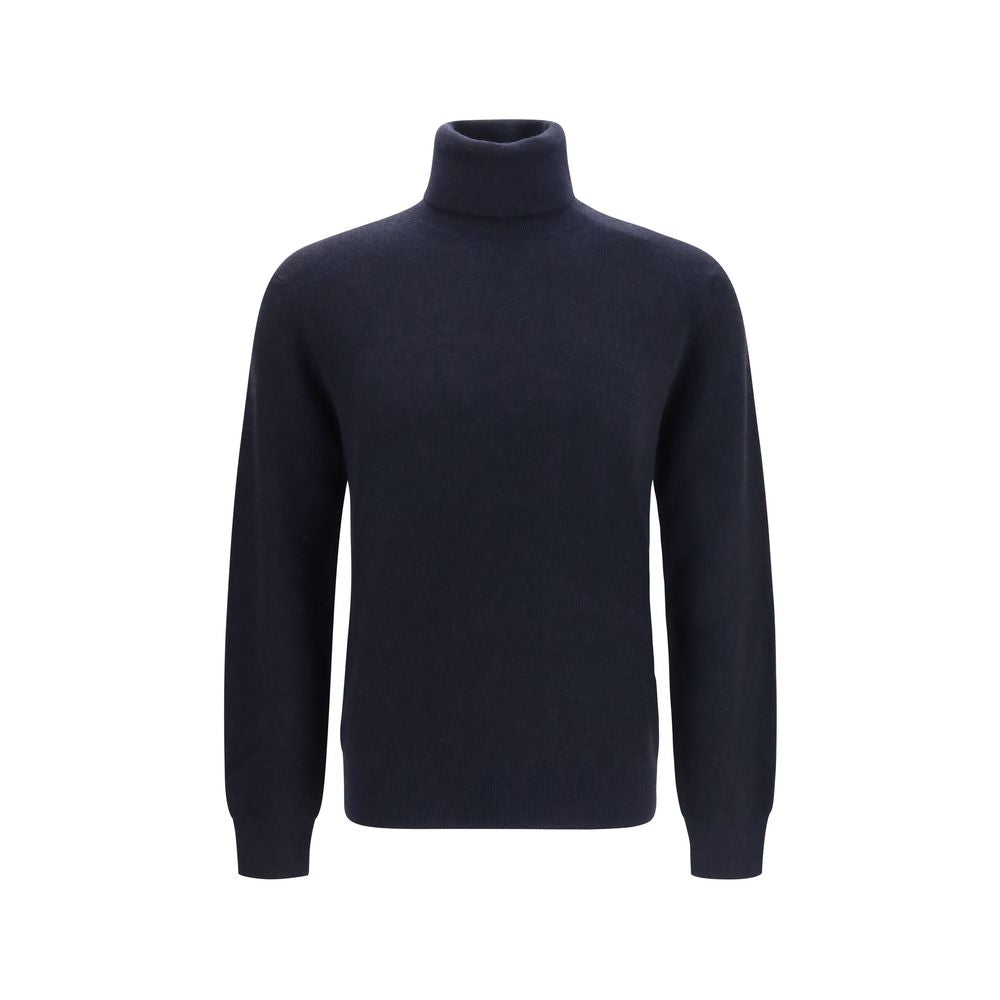 Indulge in the exquisite Brioni Blue Cashmere Turtleneck, a masterpiece of vanisé knitting and luxurious materials, elevating your wardrobe with timeless elegance.