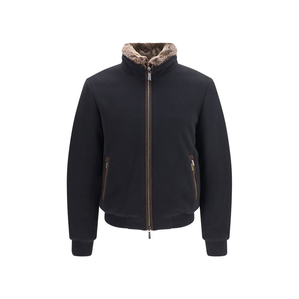 Discover the MooRER Black Cashmere Bomber, an exquisite blend of cashmere and fleece wool, redefining luxury outerwear with timeless elegance and unparalleled craftsmanship.