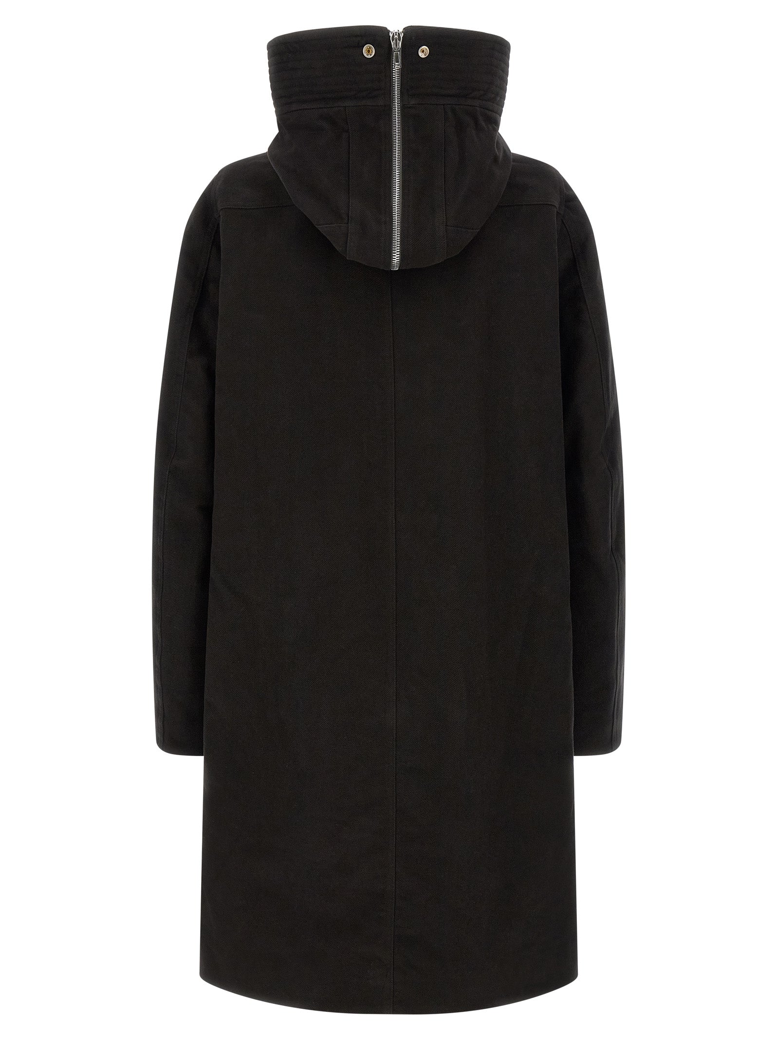 Elevate your style with the Rick Owens Black Cotton Parka, a masterpiece of architectural design and luxurious craftsmanship, perfect for the discerning individual.