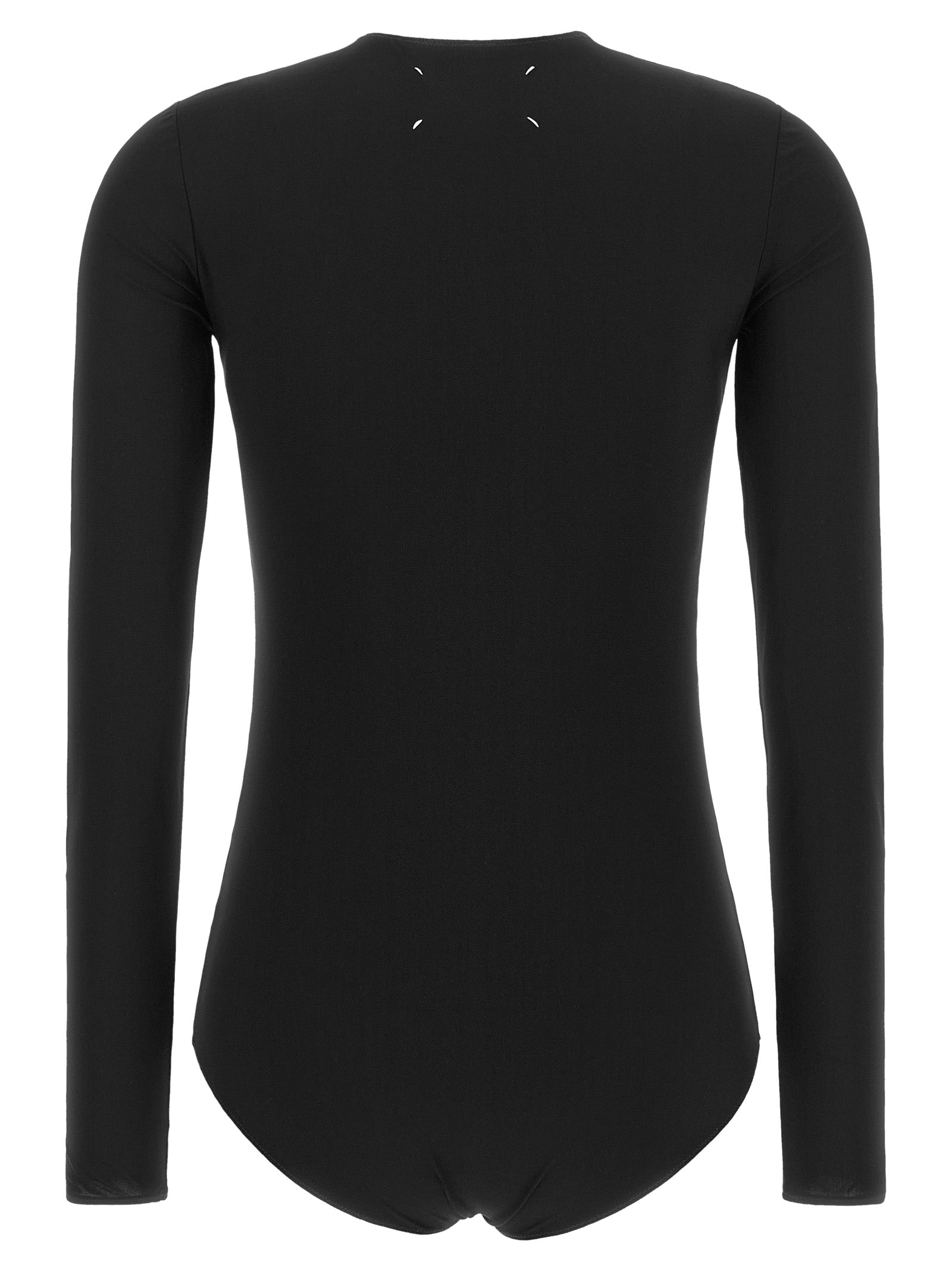 Indulge in the Maison Margiela Black Polyamide Bodysuit, where luxurious craftsmanship meets a sleek silhouette, perfect for elevating your style with timeless elegance.