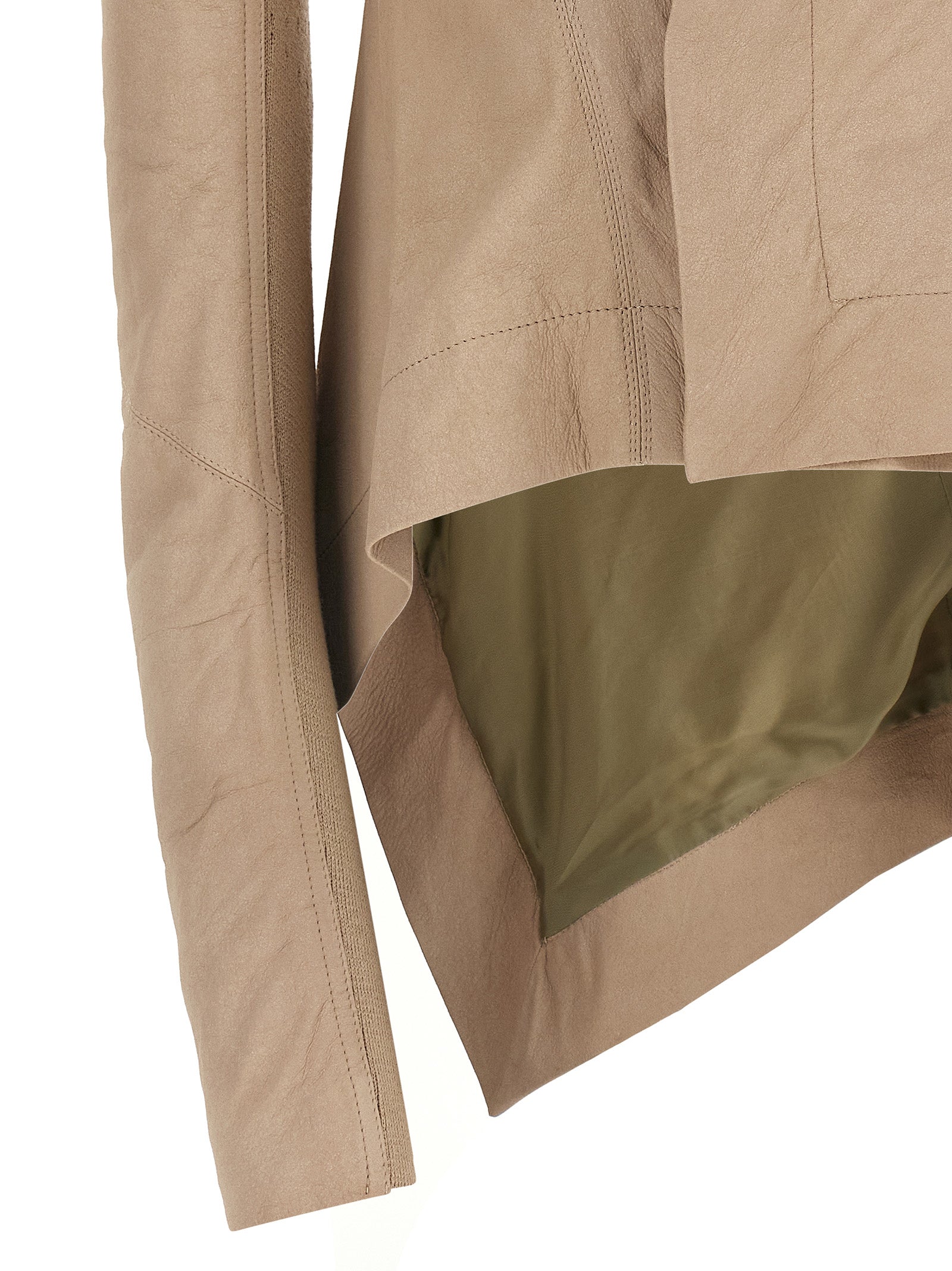 Elevate your style with the Rick Owens Beige Lamb Leather Jacket, a masterpiece of avant-garde design and luxurious craftsmanship, perfect for the discerning individual.