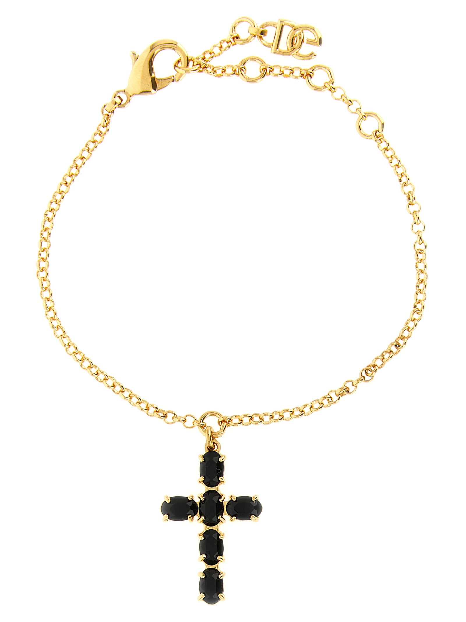 Elevate your elegance with the Dolce & Gabbana Gold Brass Bracelet, a masterpiece of Italian craftsmanship adorned with black stones, perfect for any sophisticated occasion.