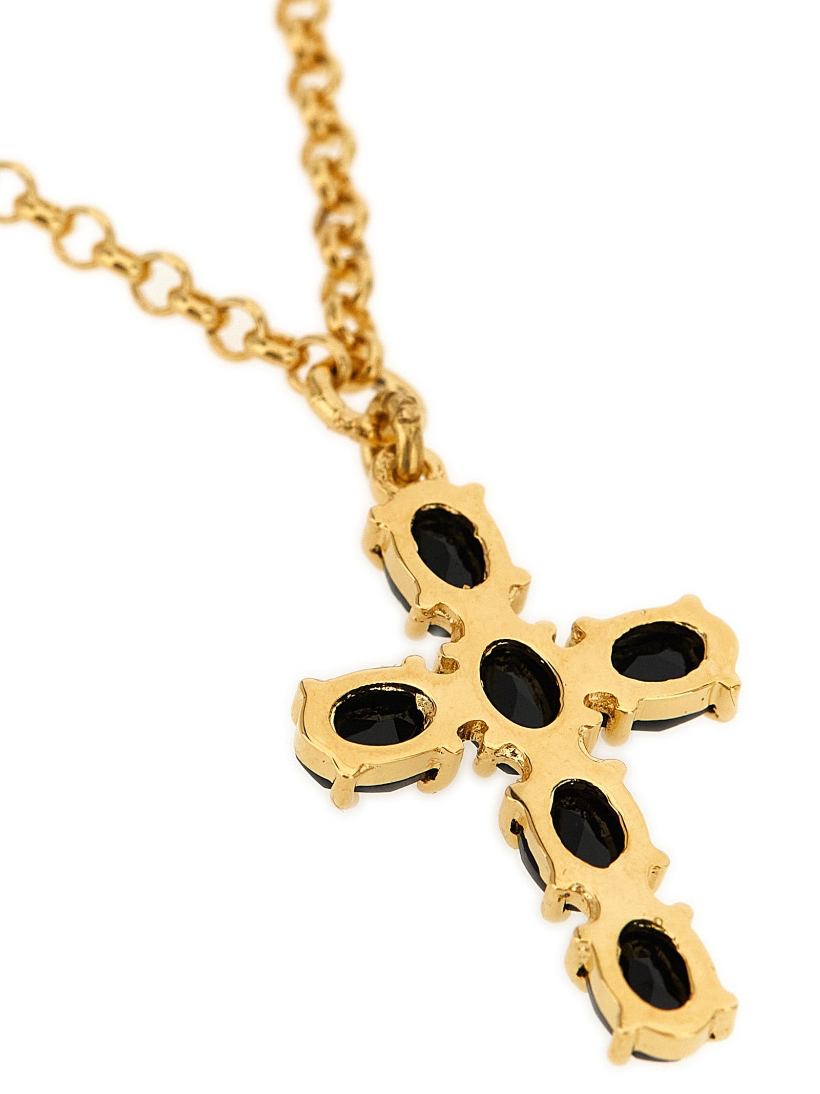 Elevate your style with the Dolce & Gabbana Gold Brass Bracelet, a luxurious blend of brass and glass, featuring a striking cross pendant adorned with black stones.