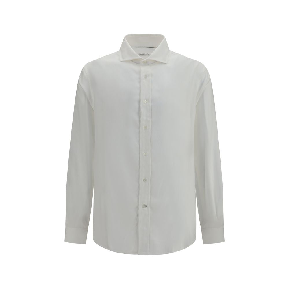 Experience the elegance of the Brunello Cucinelli White Cotton Dress Shirt, a timeless piece crafted from premium materials, perfect for sophisticated occasions.