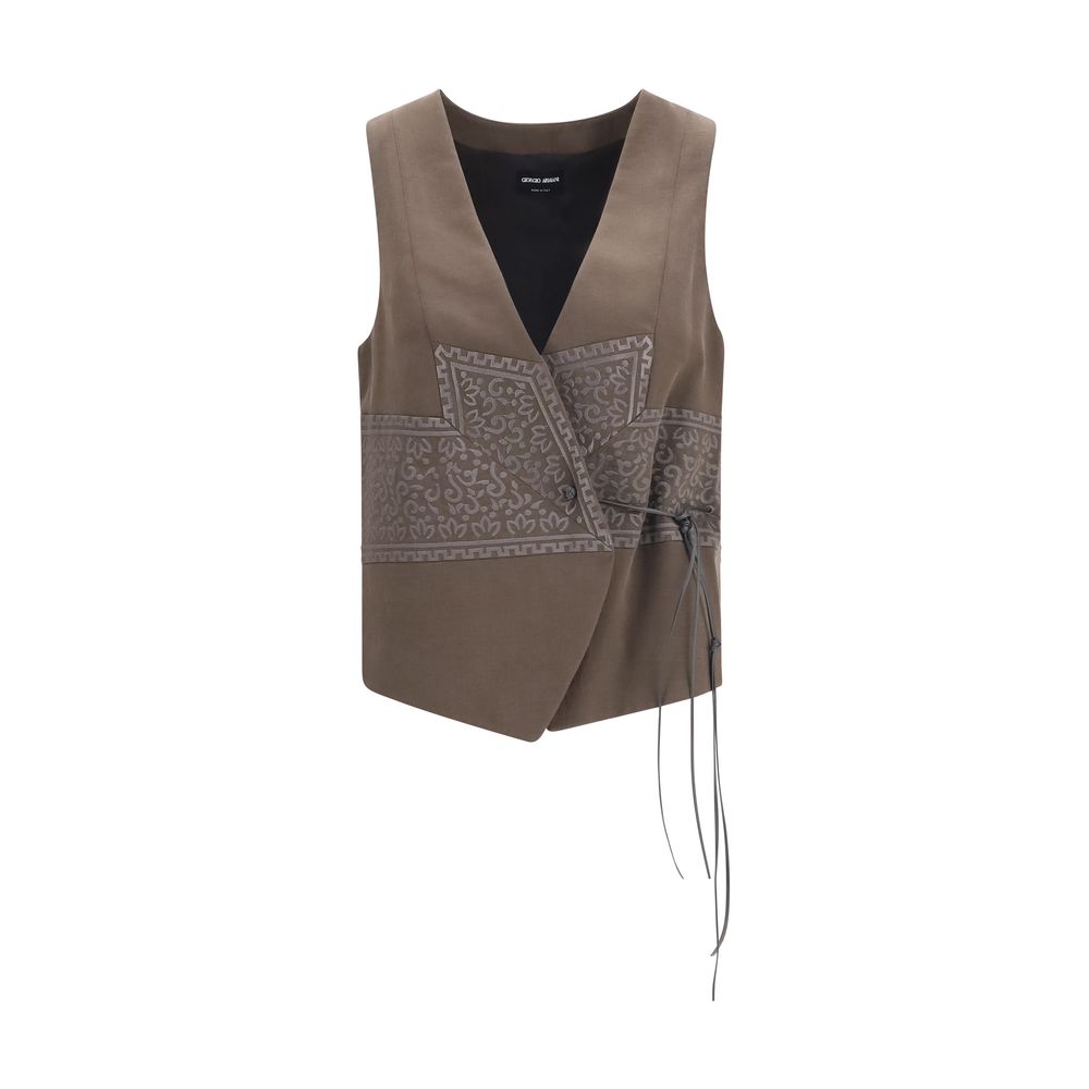 Giorgio Armani Brown Silk Sleeveless Jacket - Exquisite Luxury