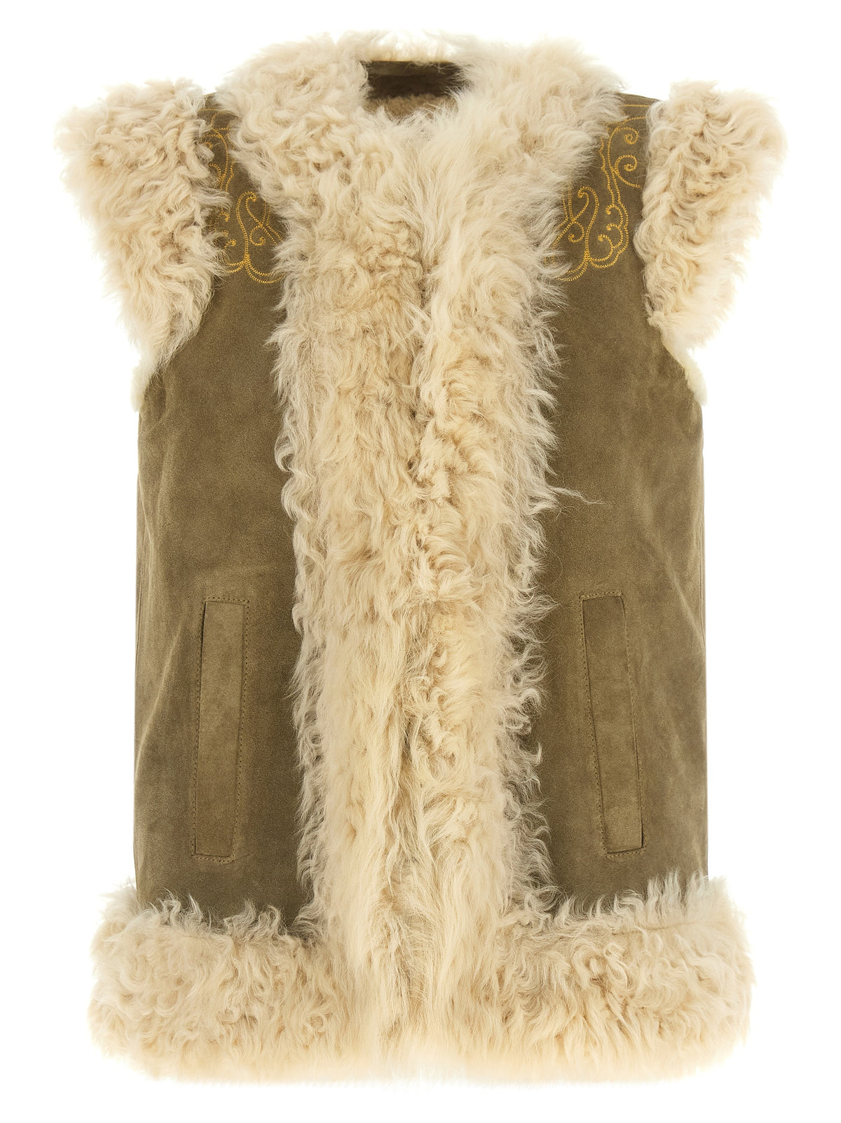 Elevate your wardrobe with the Etro Beige Lamb Fur Sleeveless Jacket, a masterpiece of luxurious craftsmanship, featuring exquisite embroidery and timeless elegance.