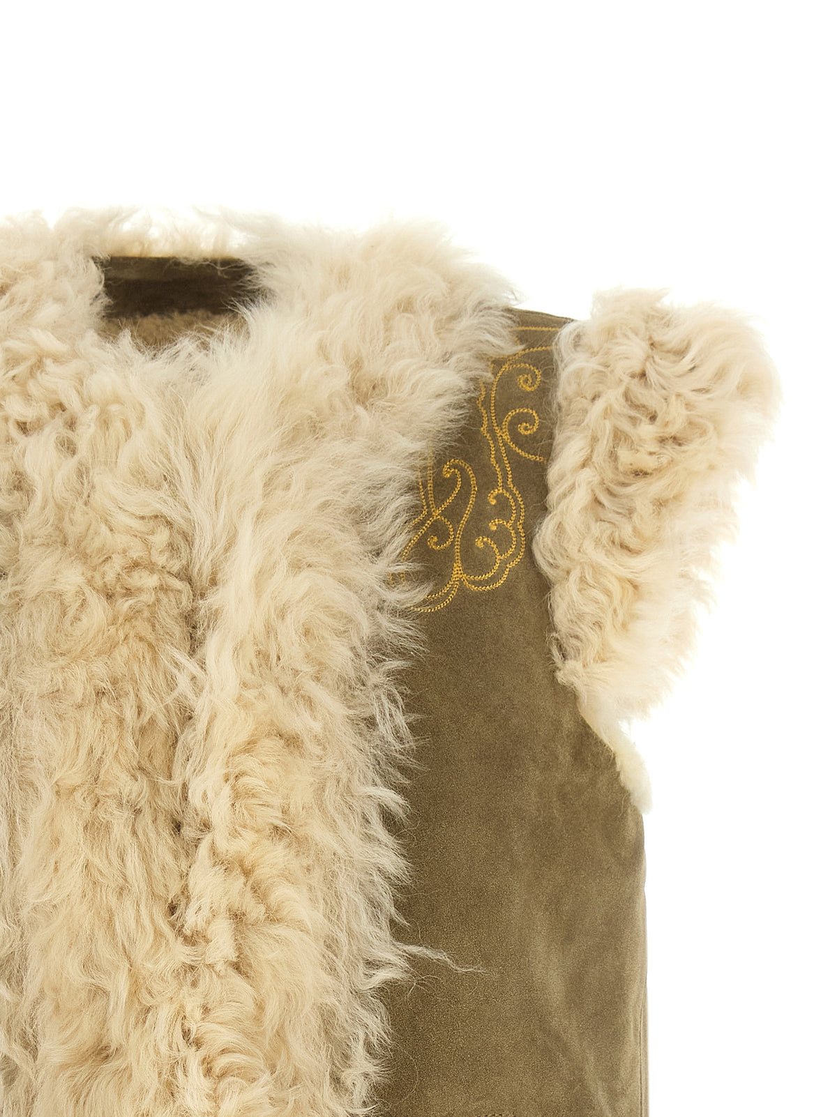 Elevate your style with the Etro Beige Lamb Fur Sleeveless Jacket, a masterpiece of opulence featuring exquisite embroidery and luxurious lamb fur, perfect for discerning tastes.