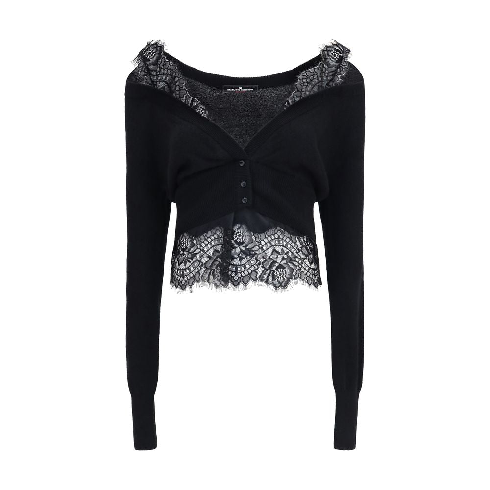 Elevate your wardrobe with the Ermanno Scervino Black Cashmere Cardigan, a masterpiece of layered elegance and exquisite craftsmanship, perfect for any refined occasion.
