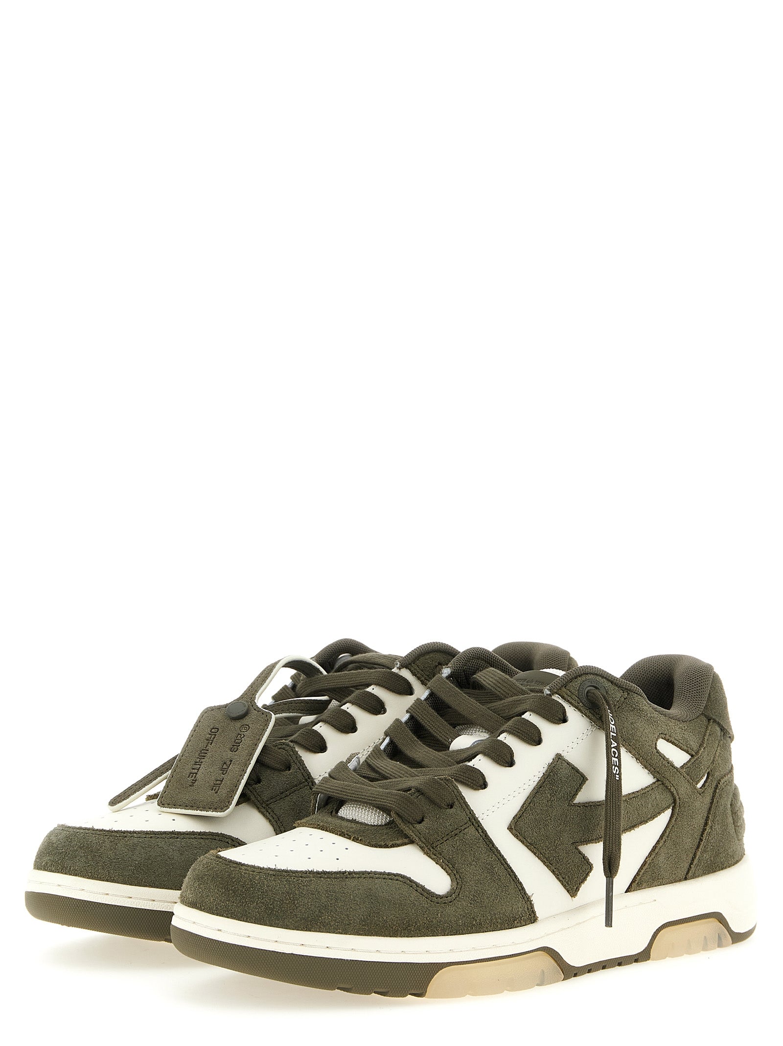 Elevate your style with Off-White Bicolor Cowhide Athletic Sneakers, a fusion of luxurious leather and suede, embodying modern sophistication and timeless allure.
