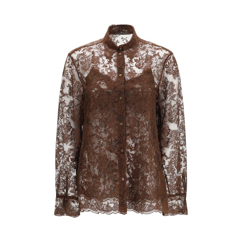 Indulge in the exquisite Ermanno Scervino Brown Polyester Pattern Shirt, a masterpiece of lace craftsmanship that embodies timeless elegance and refined allure.
