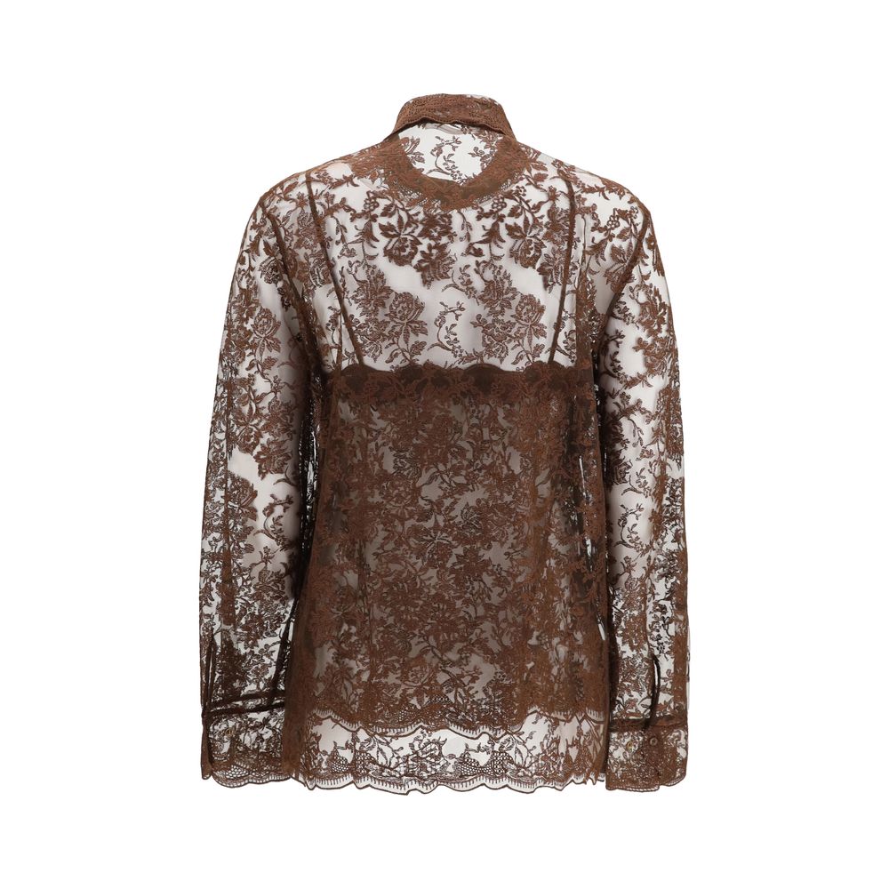 Indulge in the exquisite Ermanno Scervino Brown Polyester Pattern Shirt, a masterpiece of elegant lace and luxurious comfort, perfect for the discerning individual.