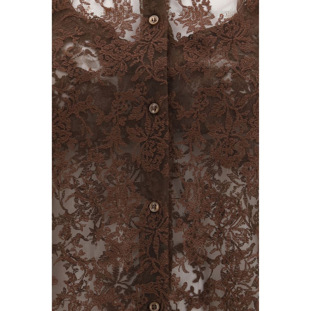 Indulge in the exquisite Ermanno Scervino Brown Polyester Pattern Shirt, where elegant lace meets luxurious craftsmanship, perfect for those who embody sophistication and allure.