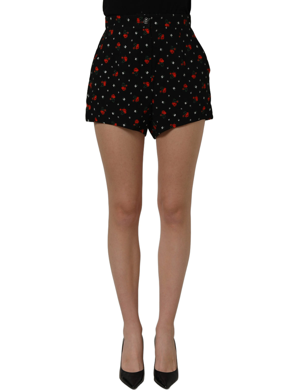 Dolce & Gabbana Black Floral High Rise Hot Pants Shorts