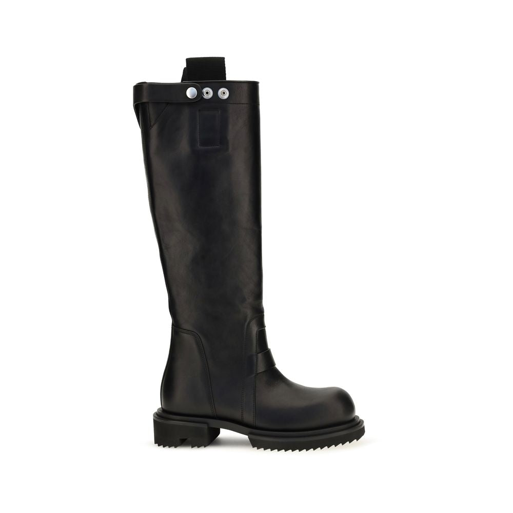 Experience the avant-garde elegance of Rick Owens Black Calf Leather Bos Taurus Rain Boots, crafted from exquisite vegetable-tanned leather for timeless sophistication.