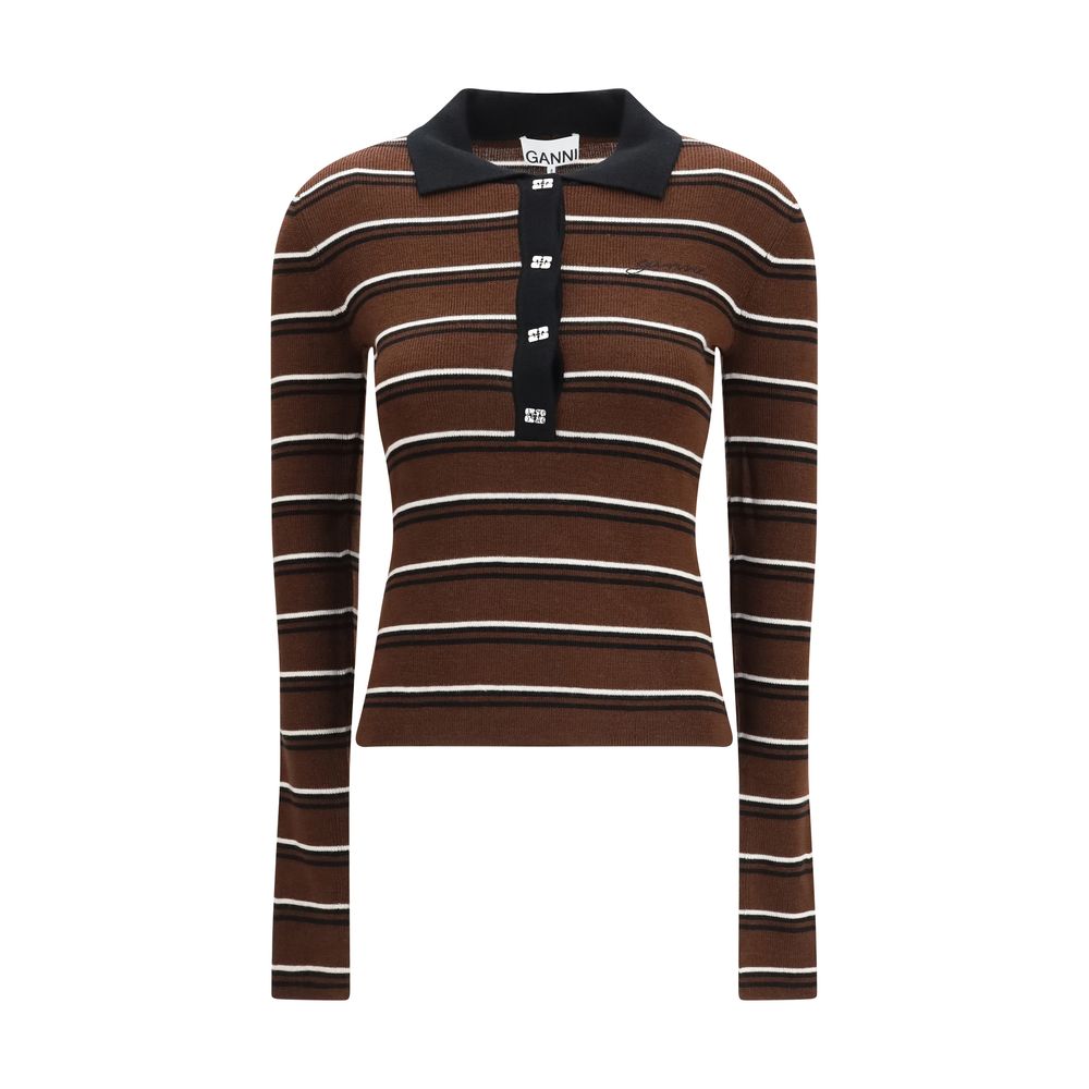 Indulge in the exquisite elegance of the Ganni Brown Wool Oves Aries Dress Shirt, crafted from luxurious Merino wool, embodying sophistication and timeless allure.