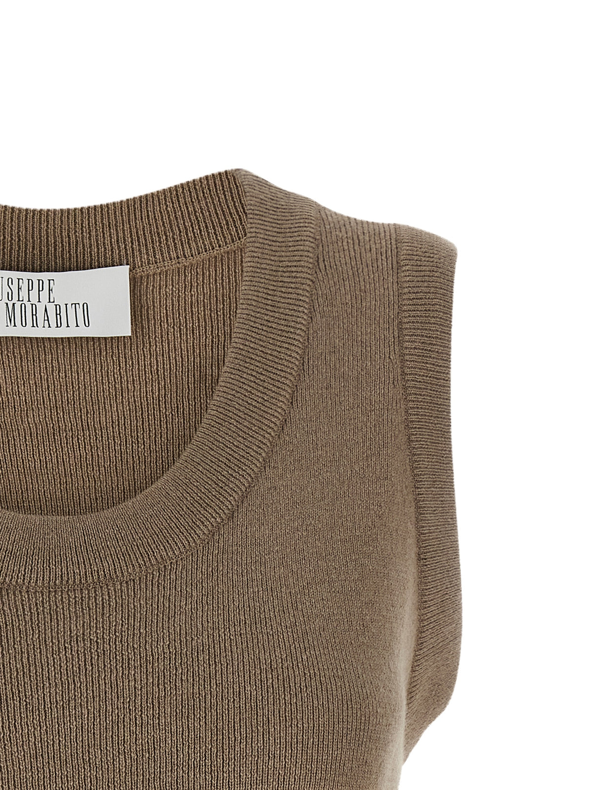 Indulge in the exquisite Giuseppe Di Morabito Beige Virgin Wool Sleeveless T-Shirt, a testament to luxurious craftsmanship that elevates your wardrobe with timeless elegance.