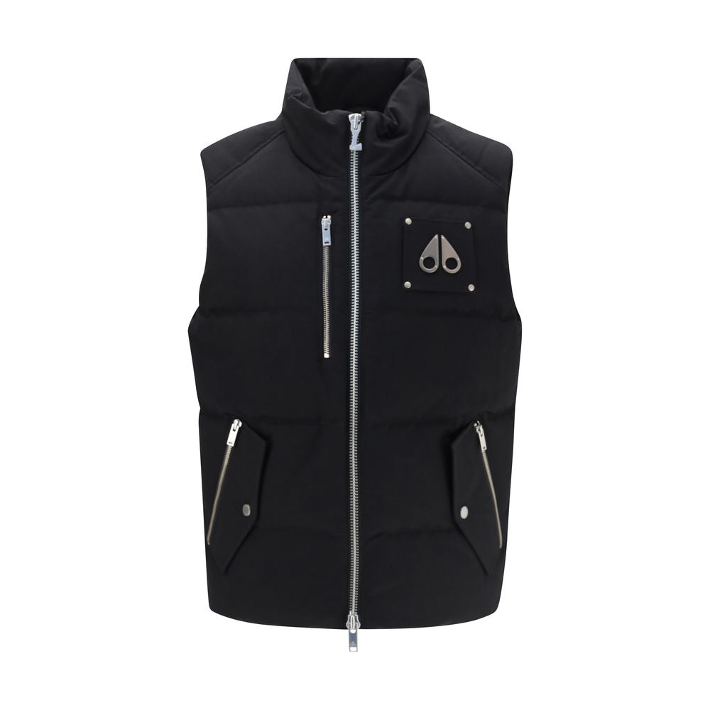 Elevate your style with the Moose Knuckles Black Cotton Sleeveless Jacket, a masterful blend of comfort and protection, designed for the discerning individual.