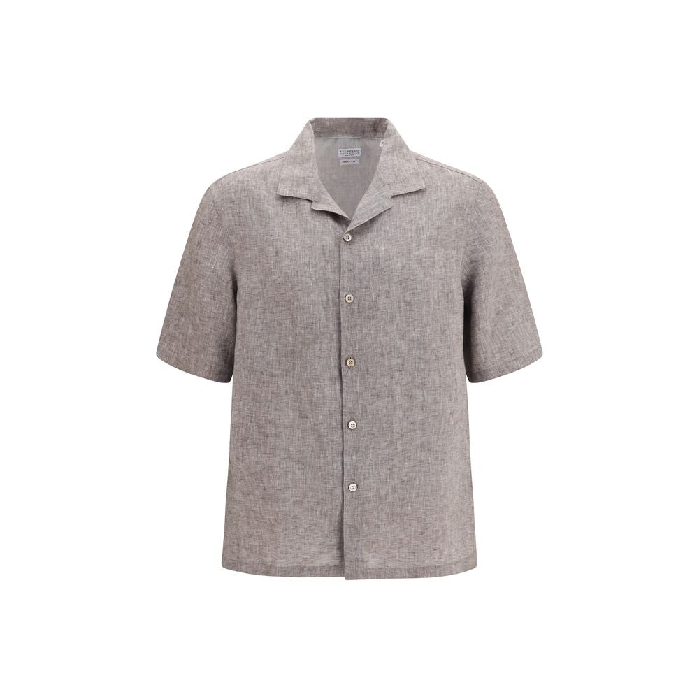 Indulge in the effortless elegance of the Brunello Cucinelli Gray Linen Shortsleeve Shirt, crafted from breathable linen for a luxurious warm-weather experience.