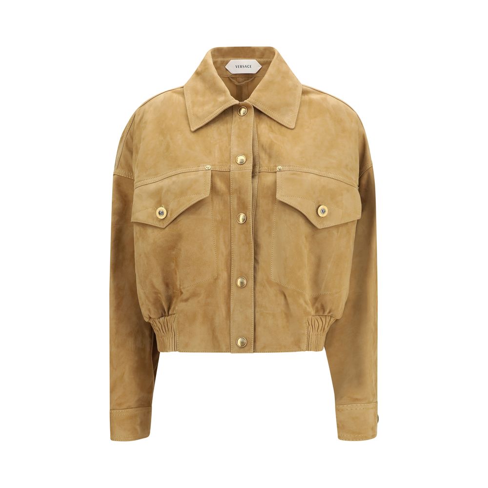 Indulge in the Versace Beige Lamb Leather Bomber, a masterpiece of luxury crafted from 100% lamb leather, embodying timeless elegance and sophisticated allure for the discerning individual.