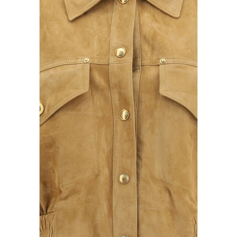 Indulge in the Versace Beige Lamb Leather Bomber, a masterpiece of luxury crafted from 100% lamb leather, embodying sophistication and timeless elegance for the discerning individual.
