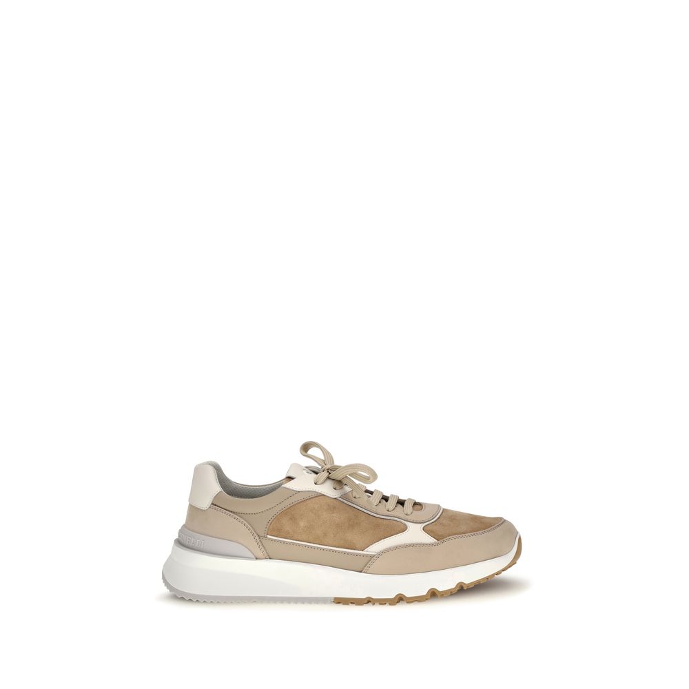 Elevate your style with Brunello Cucinelli's Beige Calf Leather Bos Taurus Low Top Sneakers, where Italian craftsmanship meets luxurious comfort for the discerning individual.
