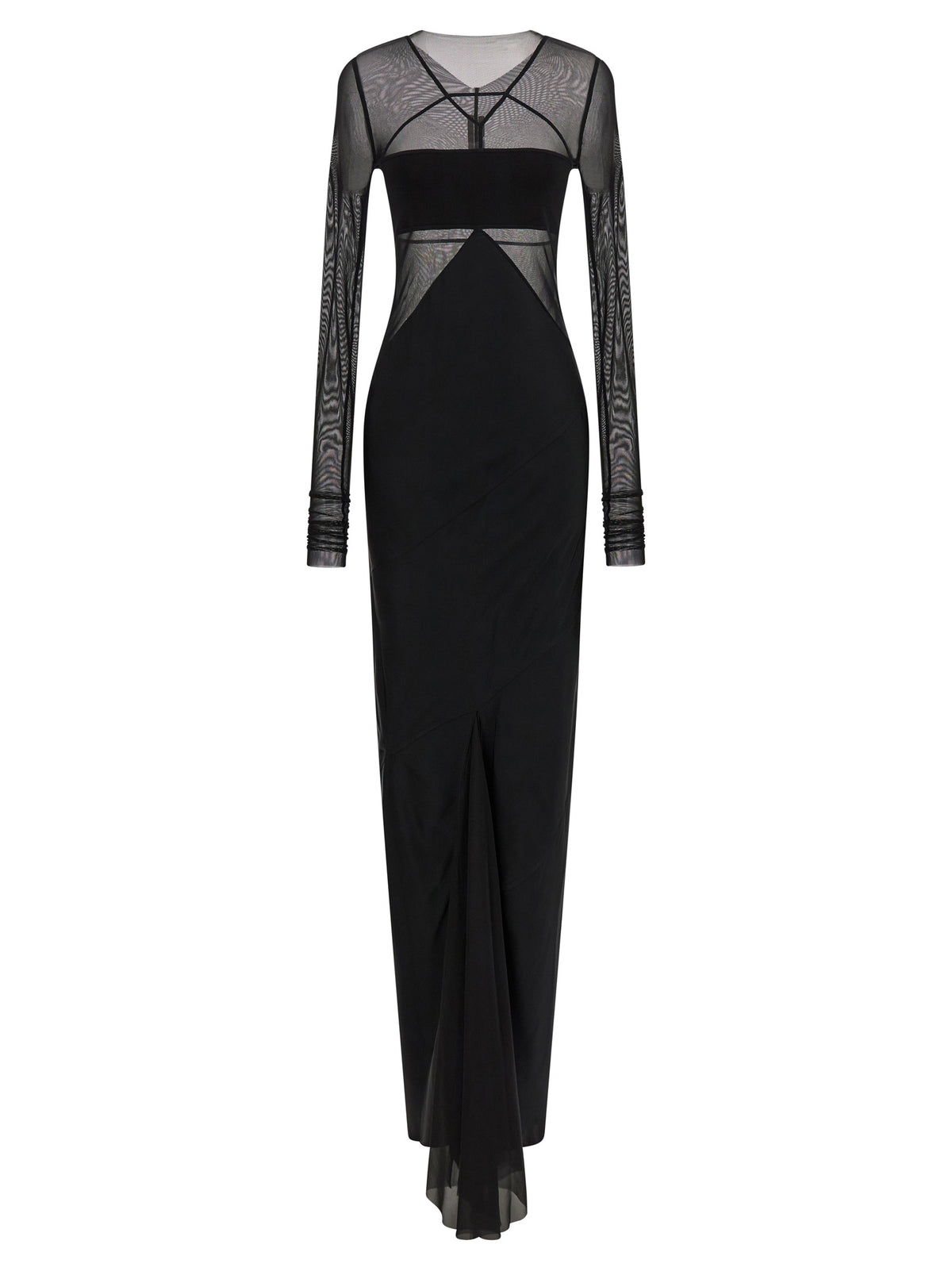 Discover the Rick Owens Black Nylon Long Dress, a sculptural masterpiece of semi-transparent tulle and silk chiffon, embodying dark elegance for the discerning individual.
