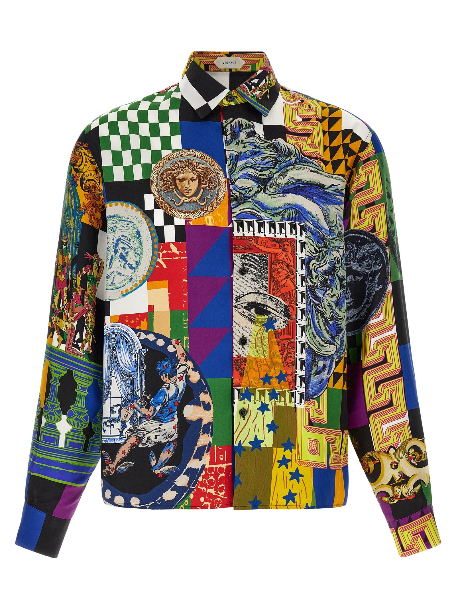 Indulge in the Versace Multicolor Silk Blouse, a masterpiece of pure silk twill showcasing the iconic ‘Medusa Collage’ print, perfect for those who embody elegance and sophistication.