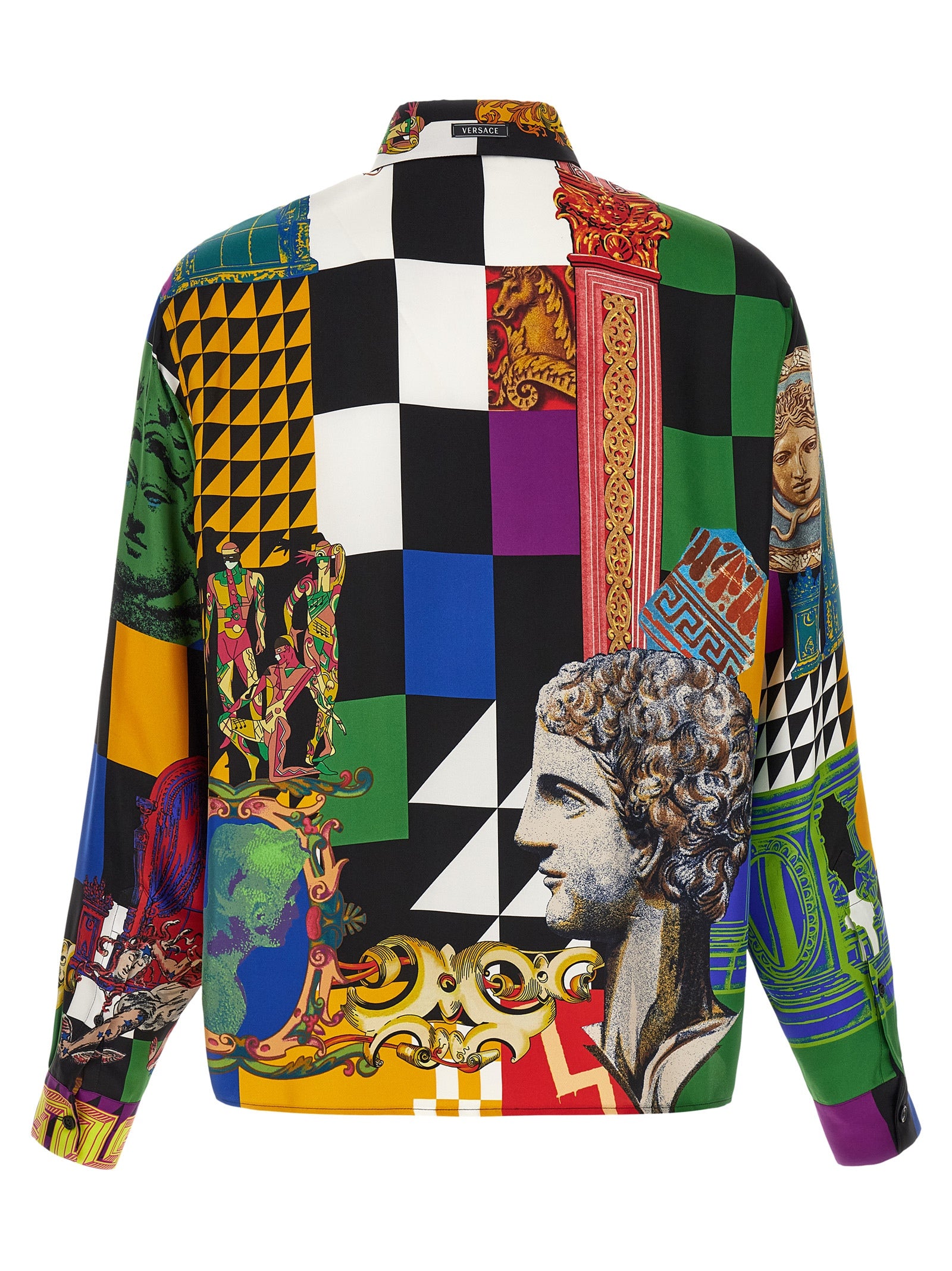 Elevate your wardrobe with the Versace Multicolor Silk Blouse, a masterpiece of pure silk twill showcasing the iconic ‘Medusa Collage’ print, perfect for those who embody elegance and confidence.
