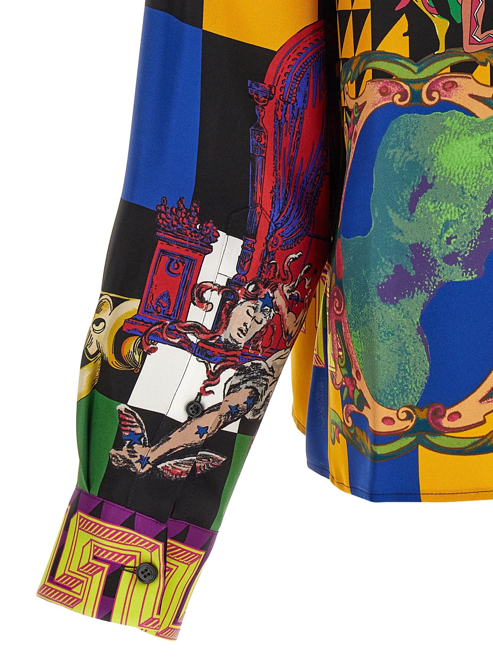 Elevate your wardrobe with the Versace Multicolor Silk Blouse, a masterpiece of pure silk twill showcasing the iconic ‘Medusa Collage’ print, perfect for discerning tastes.