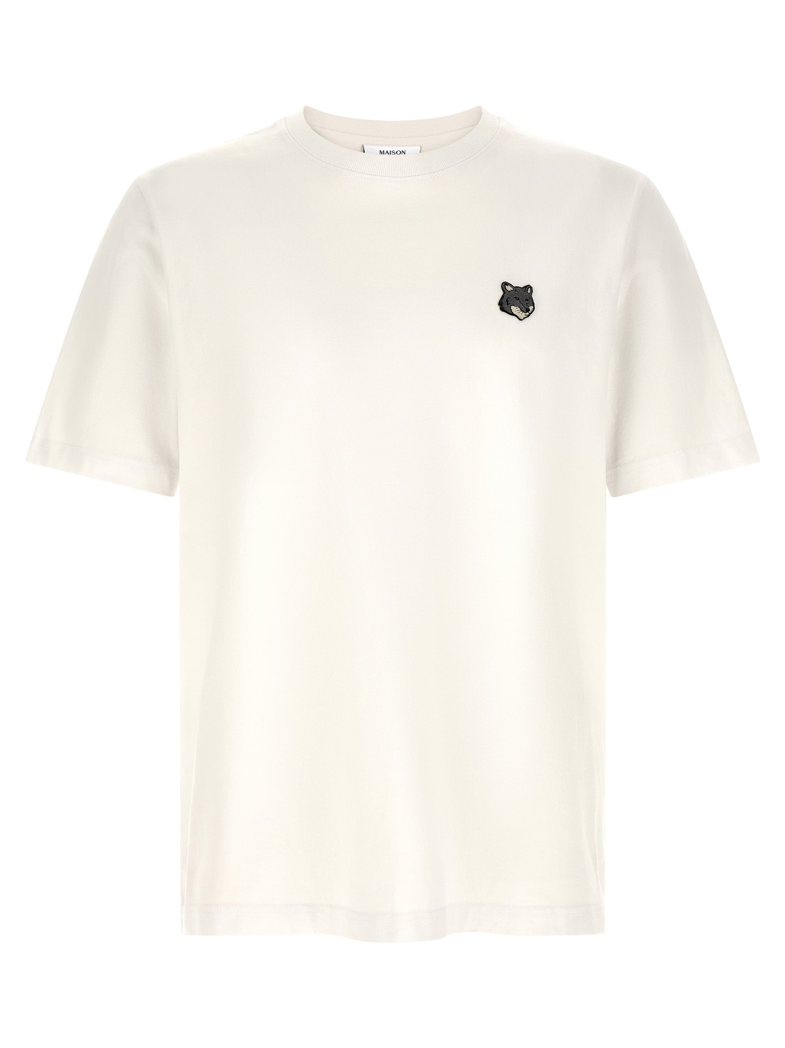 Discover the Maison Kitsuné White Cotton T-Shirt, a luxurious blend of comfort and style, featuring a playful grey fox head patch for an effortless yet sophisticated look.