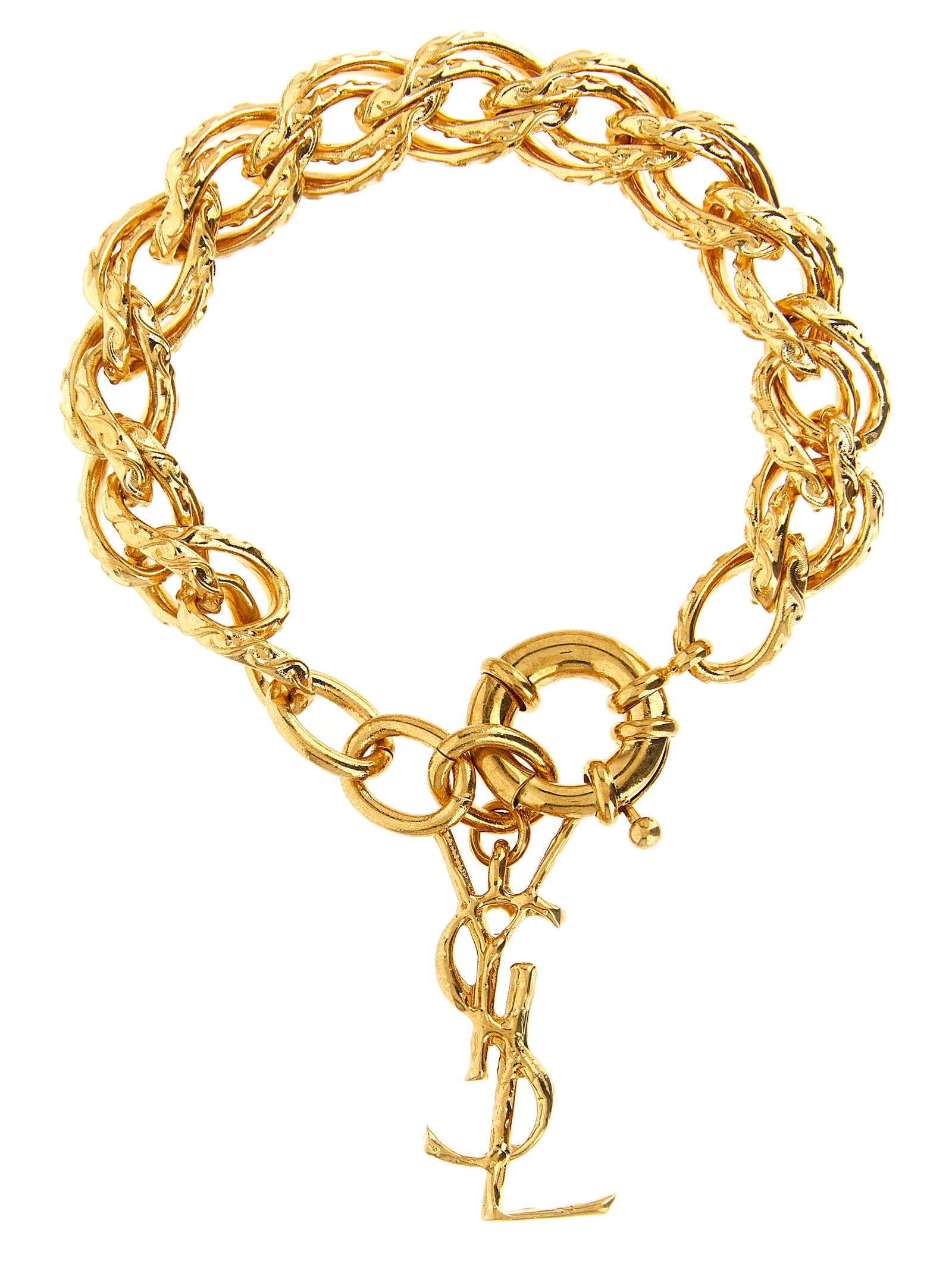 Elevate your style with the Saint Laurent Gold Brass Bracelet, a masterpiece of woven mesh and wave embossed finish, embodying timeless luxury and sophistication.