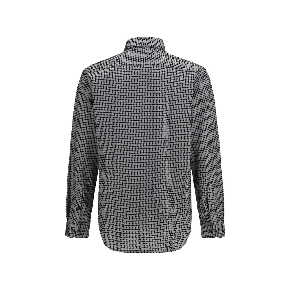 Indulge in the exquisite Giorgio Armani Gray Cotton Pattern Shirt, a masterpiece of Italian craftsmanship featuring a refined geometric flock print, perfect for the discerning individual.