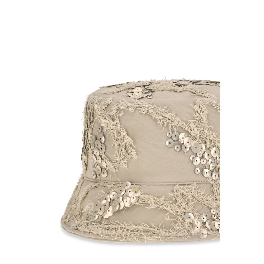 Elevate your style with the Brunello Cucinelli Beige Silk Bucket Hat, a masterpiece of floral embroidery and tonal sequins, embodying refined luxury and timeless elegance.
