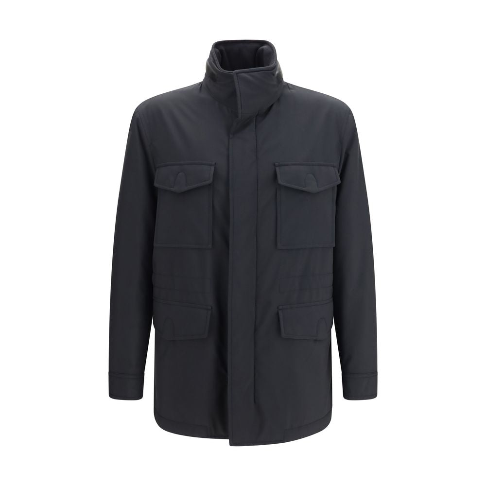 Indulge in the Brioni Blue Wool Oves Aries Full-Length Jacket, a masterpiece of Italian craftsmanship blending luxury and functionality for the discerning traveler.