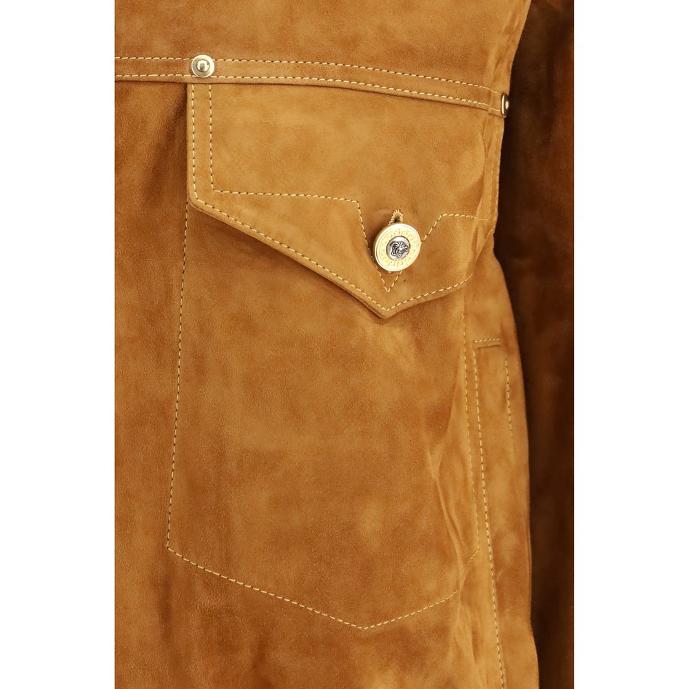Elevate your wardrobe with the Versace Brown Lamb Ovis Aries Aries Leather Jacket, a masterpiece of soft lamb leather that embodies refined elegance and contemporary style.
