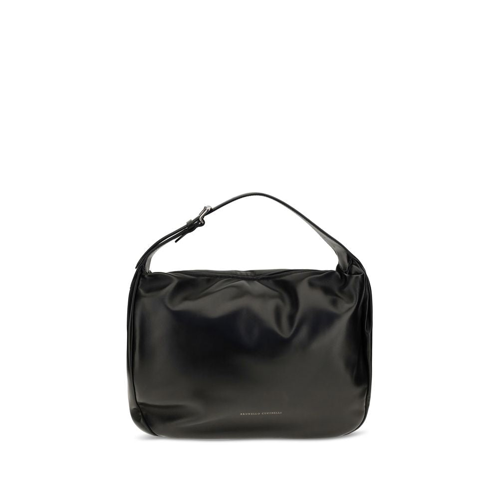 Indulge in the Brunello Cucinelli Black Calf Leather Bos Taurus Shoulder Bag, a testament to exquisite craftsmanship and timeless luxury, perfect for any sophisticated occasion.