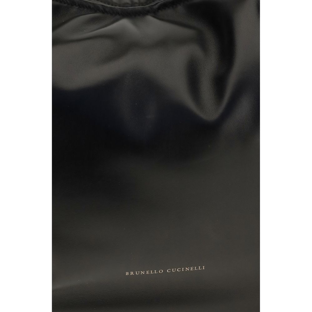 Indulge in the Brunello Cucinelli Black Calf Leather Bos Taurus Shoulder Bag, a masterpiece of luxury craftsmanship that elevates your style with its exquisite design and timeless elegance.