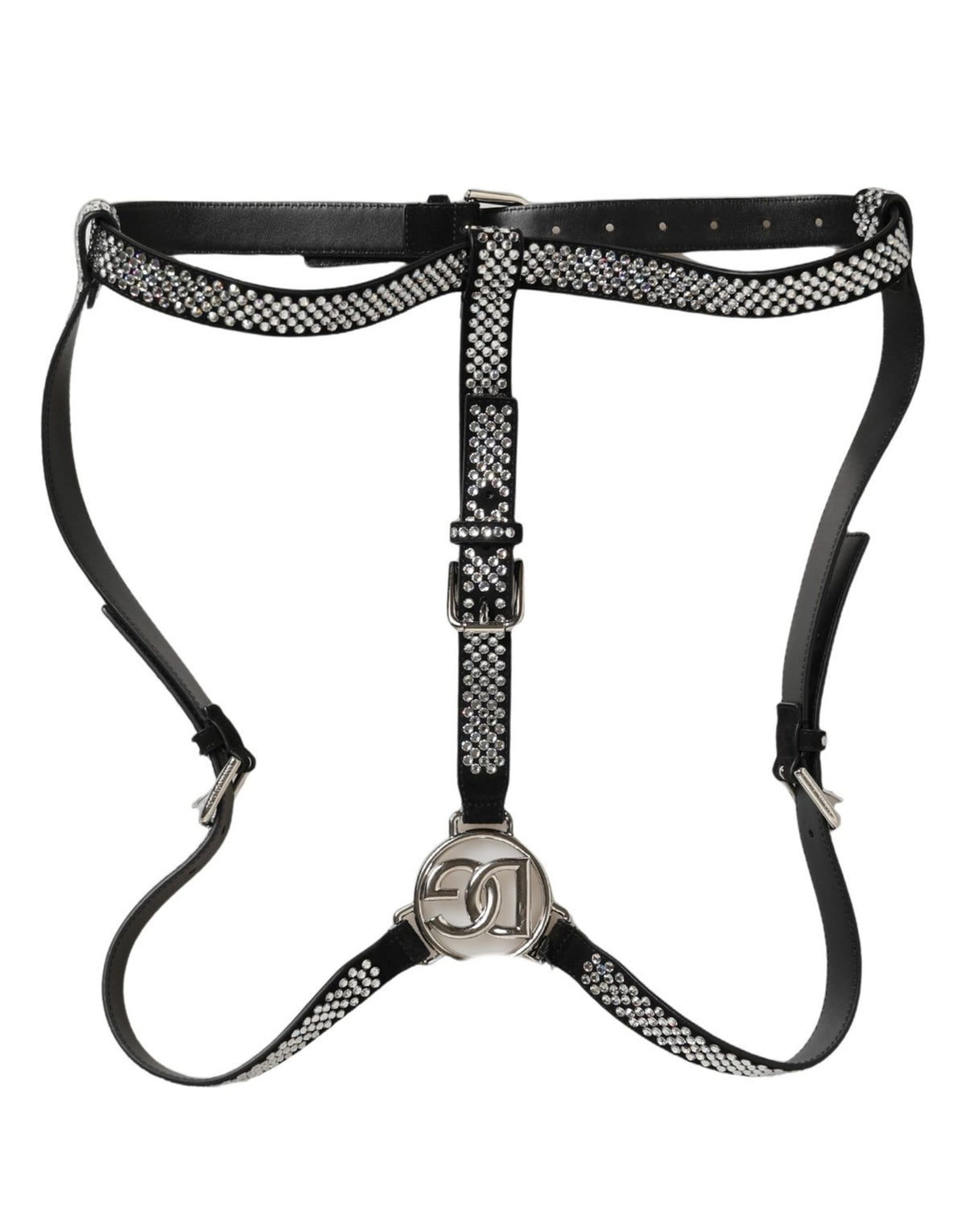 Dolce & Gabbana Black Leather Rhinestone Suspender for Elegance
