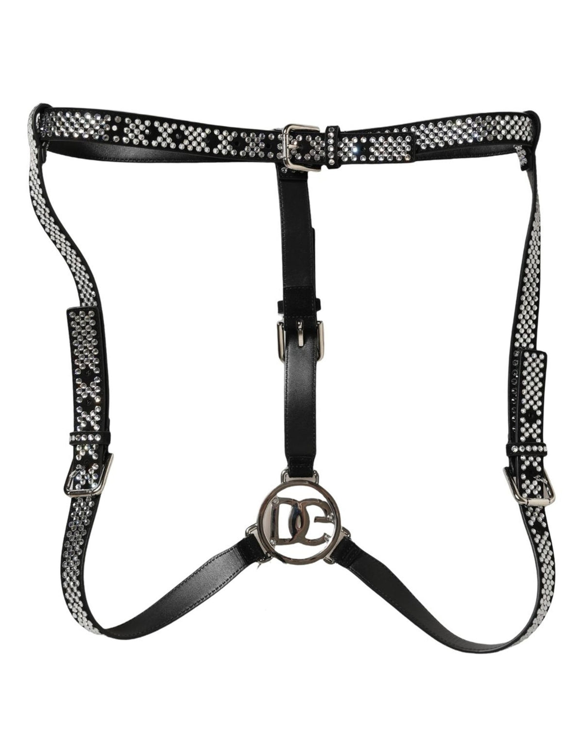 Dolce & Gabbana Black Leather Rhinestones Suspender for Elegance