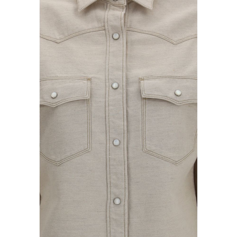 Elevate your wardrobe with the Fendi Beige Denim Shirt, a luxurious blend of cotton and linen, crafted in Italy for timeless elegance and sophisticated allure.