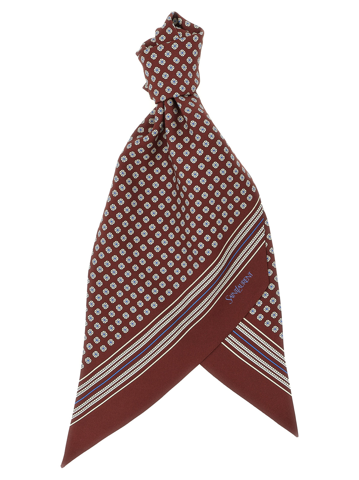 Elevate your style with the Saint Laurent Bordeaux Silk Foulard, a luxurious silk twill masterpiece featuring a captivating geometric design, perfect for timeless elegance.