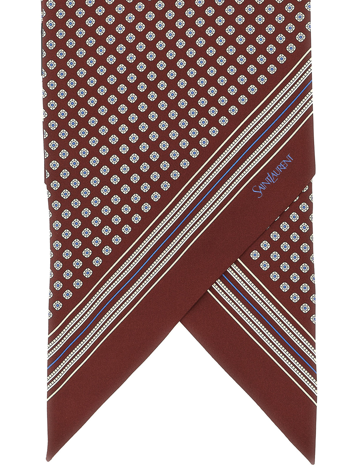 Elevate your style with the Saint Laurent Bordeaux Silk Foulard, a luxurious silk twill accessory featuring a captivating geometric design that embodies sophistication and allure.