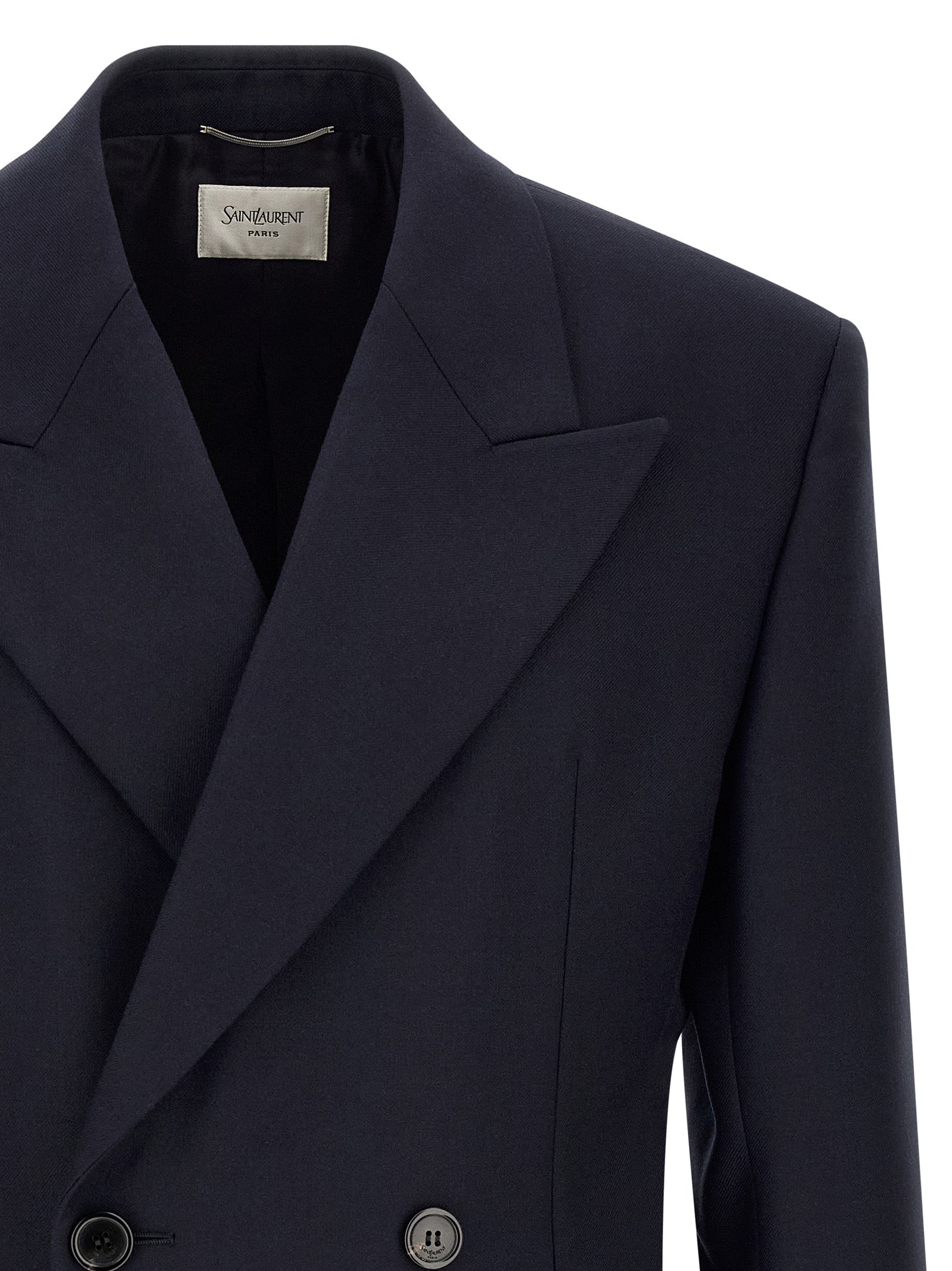 Discover the SAINT LAURENT Blue Wool Blazer, a pinnacle of contemporary tailoring crafted from 100% wool, embodying sophistication and timeless elegance for discerning wardrobes.