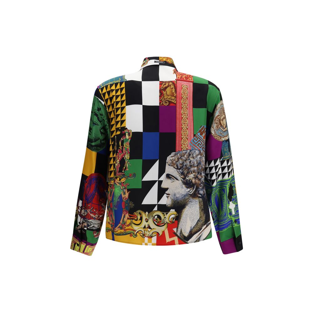 Elevate your style with the Versace Multicolor Silk Pattern Shirt, a masterpiece of 100% silk showcasing the iconic Medusa Collage print, perfect for discerning tastes.