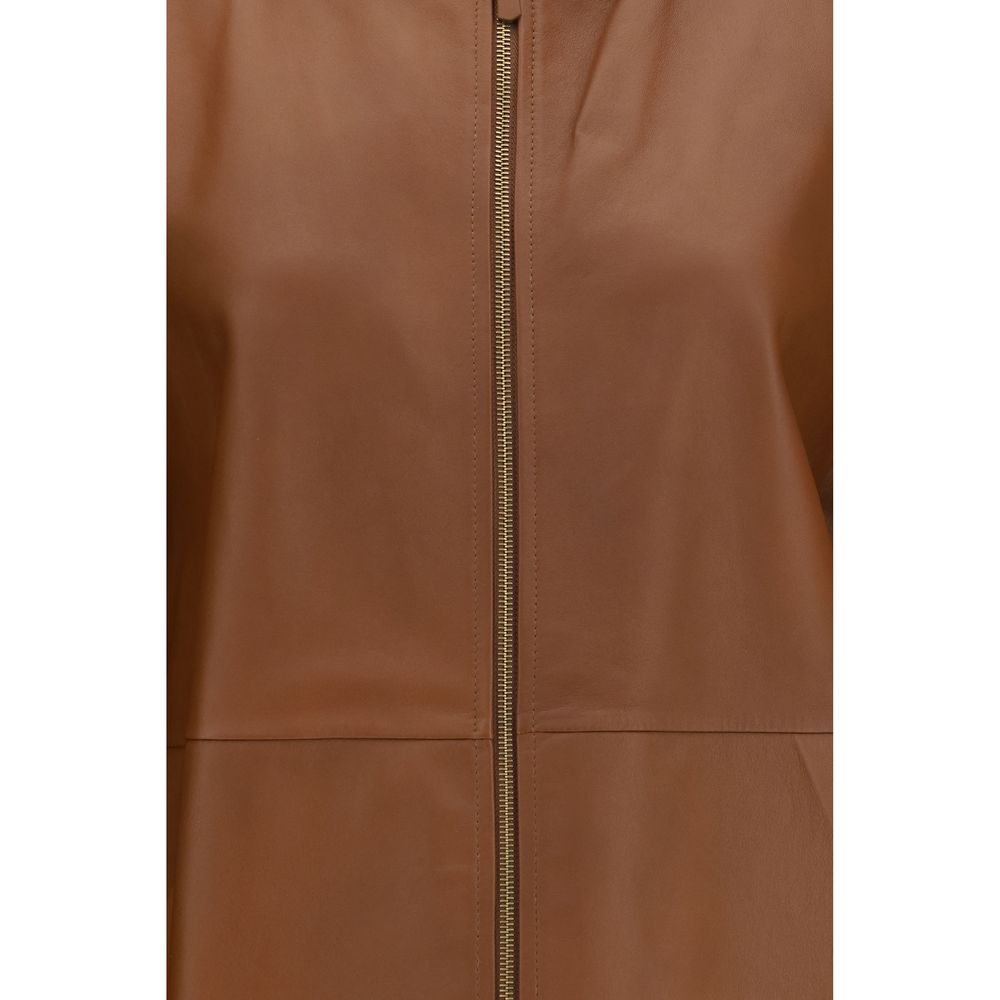 Discover the Max Mara Brown Lamb Ovis Aries Leather Jacket, a refined essential crafted from luxurious lambskin, embodying modern elegance and sophistication for any occasion.
