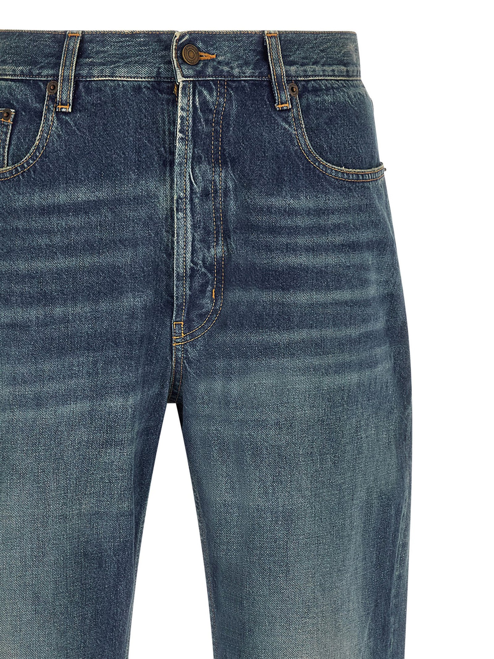 Experience the allure of Saint Laurent's Blue Cotton Straight-Leg Jeans, crafted from premium cotton in a vintage wash, embodying timeless elegance and sophistication.
