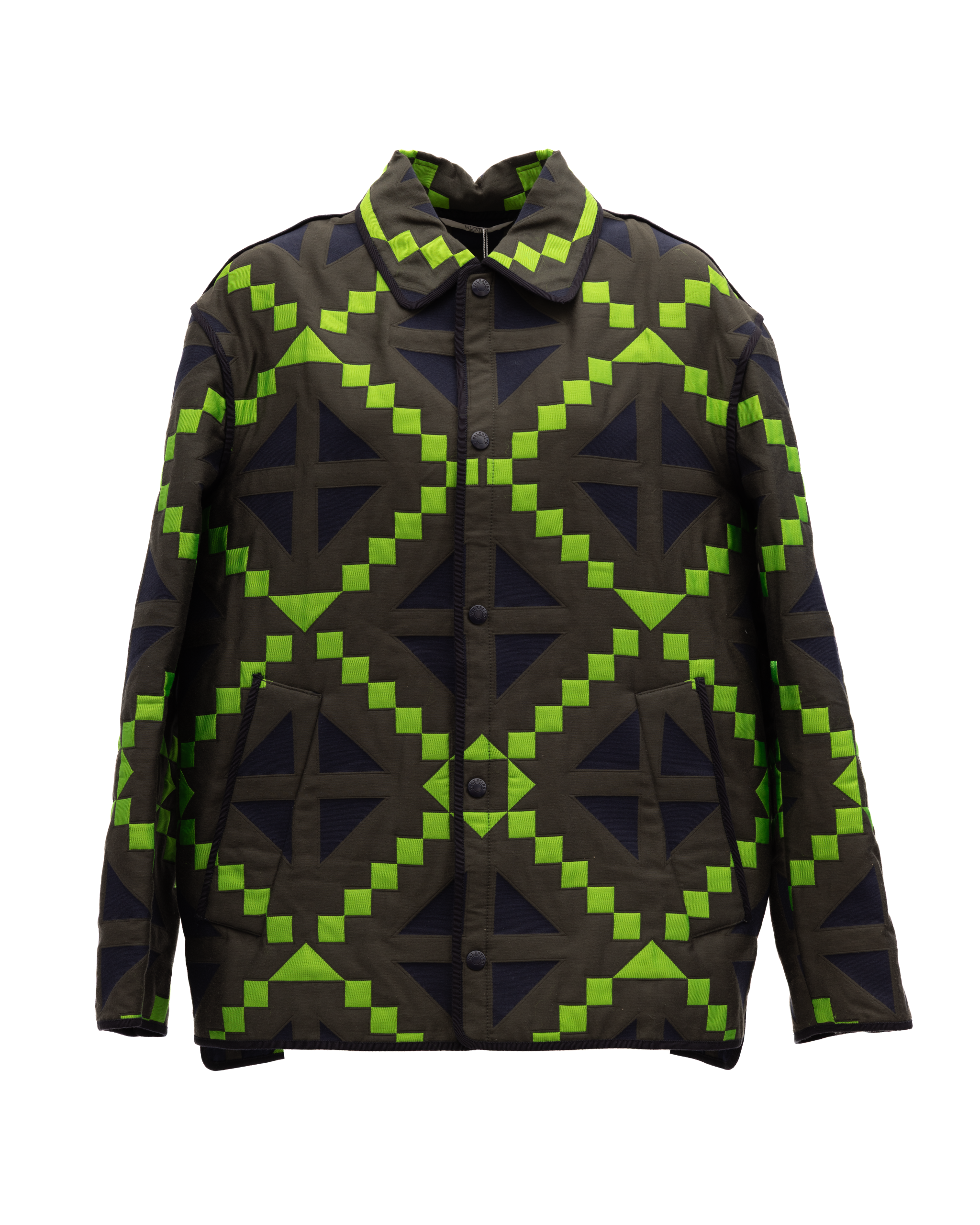 Indulge in the exquisite Valentino Garavani Green Geometric Button-Up Jacket, a masterpiece of luxurious design and unparalleled craftsmanship, perfect for the discerning connoisseur.