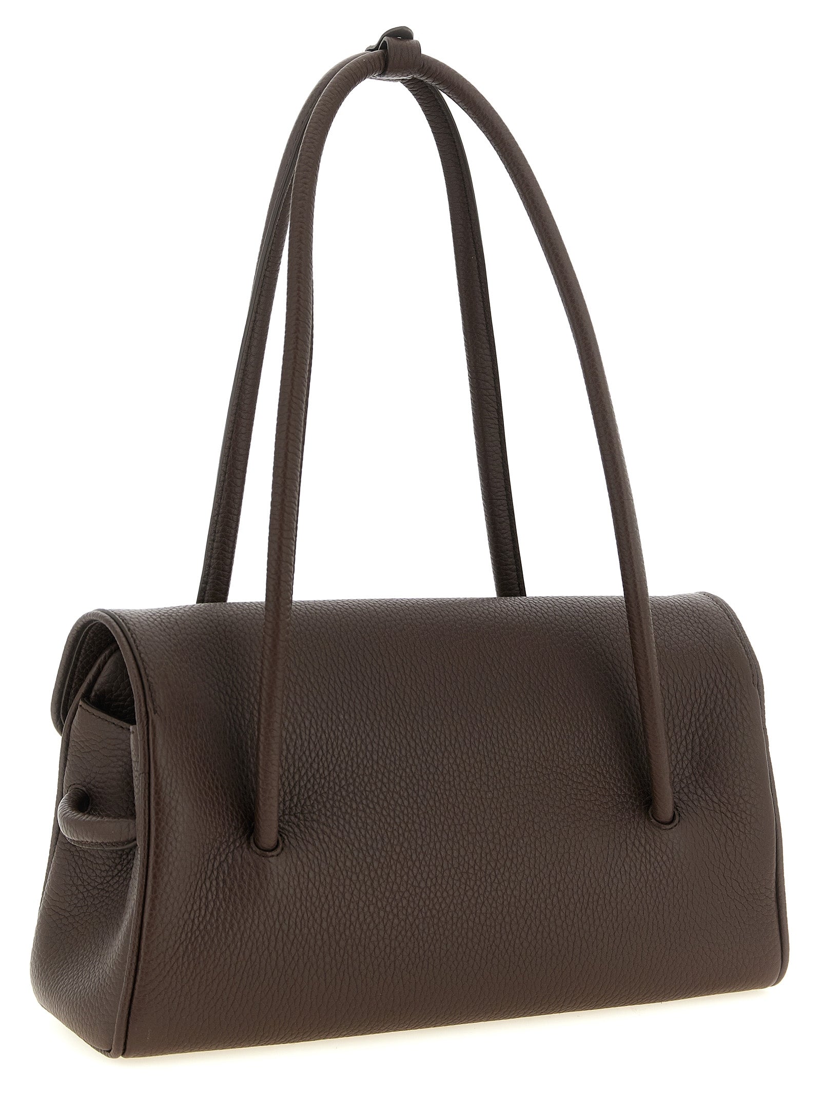 Indulge in the exquisite Jacquemus Brown Calfskin Shoulder Bag, a timeless Italian masterpiece crafted from luxurious hammered calf leather, embodying bold sophistication and refined elegance.